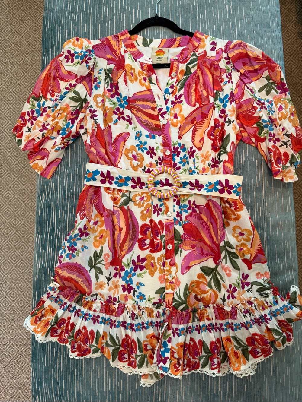 FARM Rio Vibrant Floral Cotton Dress in Pink, Orange & Green